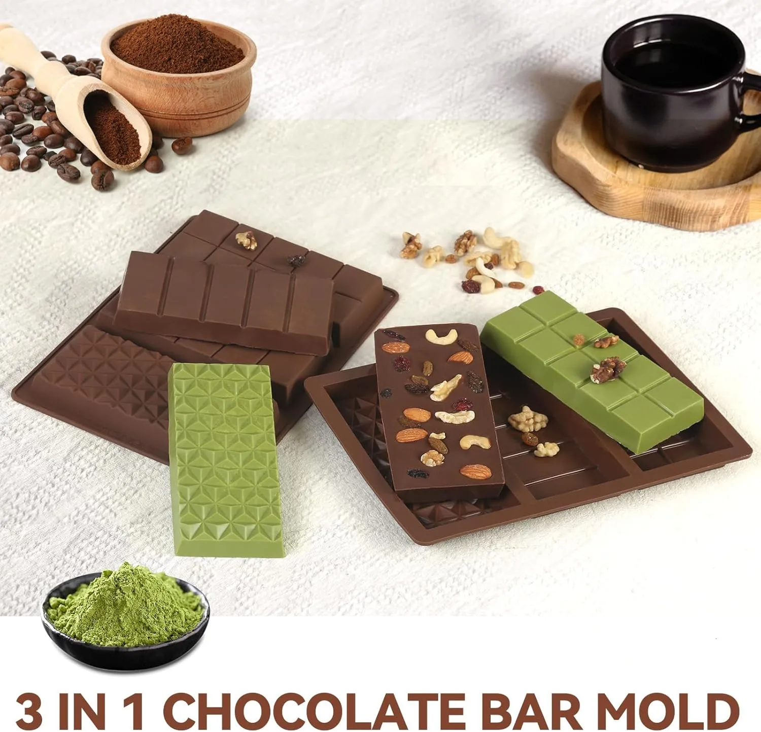 Chocolate Bar Mold 3 In 1, 2Pcs 0.8 Inch Deep Dubai Silicone Chocolate Molds with 100Pcs Bags, Large Break Apart Chocolate Mold Candy Wax Melt Molds for Filling Knafeh Pistachio Chocolate Bar