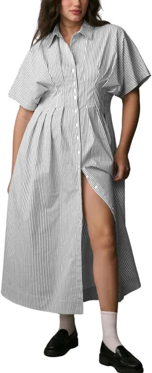 chouyatou Women's Contrast Color Striped Shirt Dress Pleated Button Down Maxi Long Tunic Dress