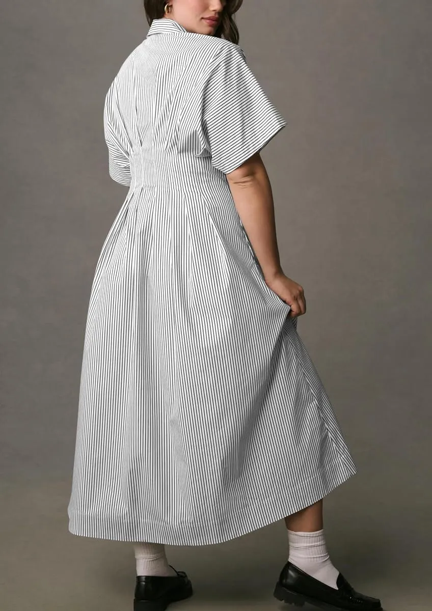 chouyatou Women's Contrast Color Striped Shirt Dress Pleated Button Down Maxi Long Tunic Dress