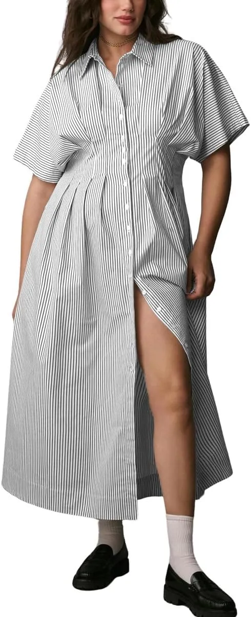 chouyatou Women's Contrast Color Striped Shirt Dress Pleated Button Down Maxi Long Tunic Dress