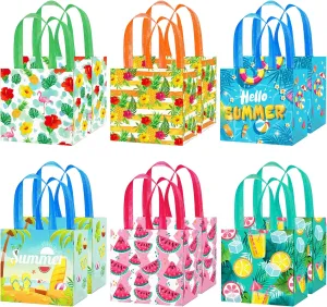 CIEOVO 12 Pack Tropical Hawaiian Non-Woven Gift Bags Tote Bags with Handles Summer Party Reusable Grocery Shopping Bag for Luau Tropical Beach Holiday Party Favors