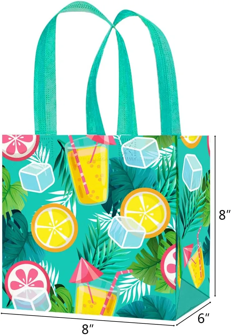 CIEOVO 12 Pack Tropical Hawaiian Non-Woven Gift Bags Tote Bags with Handles Summer Party Reusable Grocery Shopping Bag for Luau Tropical Beach Holiday Party Favors