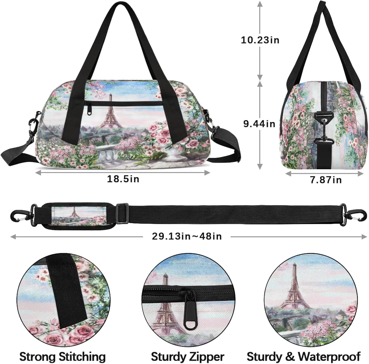 City Eiffel Tower Pattern Kids Duffel Bag Lightweight Waterproof Sports Gym Bag with Front Zipper Pocket Foldable Weekender Overnight Bag for School Practice Gymnastic Ballet