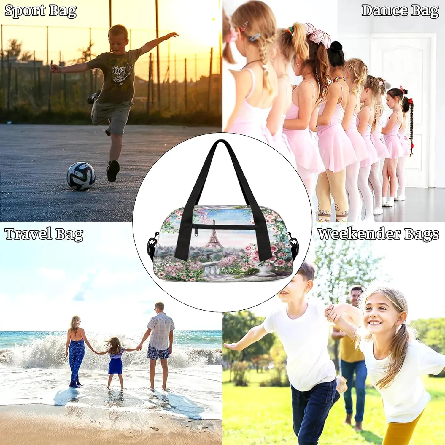 City Eiffel Tower Pattern Kids Duffel Bag Lightweight Waterproof Sports Gym Bag with Front Zipper Pocket Foldable Weekender Overnight Bag for School Practice Gymnastic Ballet