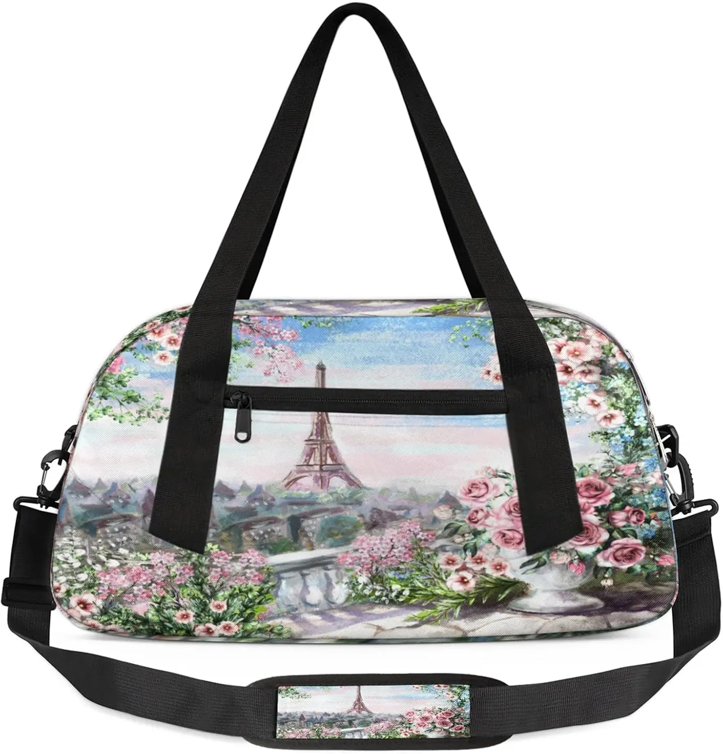City Eiffel Tower Pattern Kids Duffel Bag Lightweight Waterproof Sports Gym Bag with Front Zipper Pocket Foldable Weekender Overnight Bag for School Practice Gymnastic Ballet
