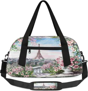 City Eiffel Tower Pattern Kids Duffel Bag Lightweight Waterproof Sports Gym Bag with Front Zipper Pocket Foldable Weekender Overnight Bag for School Practice Gymnastic Ballet