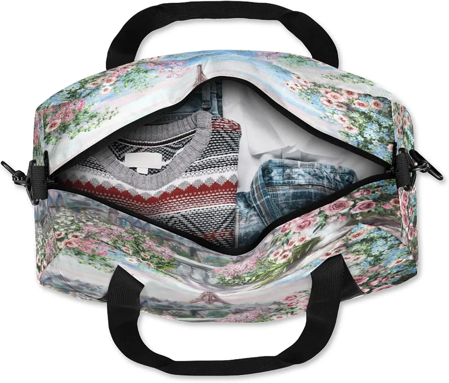 City Eiffel Tower Pattern Kids Duffel Bag Lightweight Waterproof Sports Gym Bag with Front Zipper Pocket Foldable Weekender Overnight Bag for School Practice Gymnastic Ballet