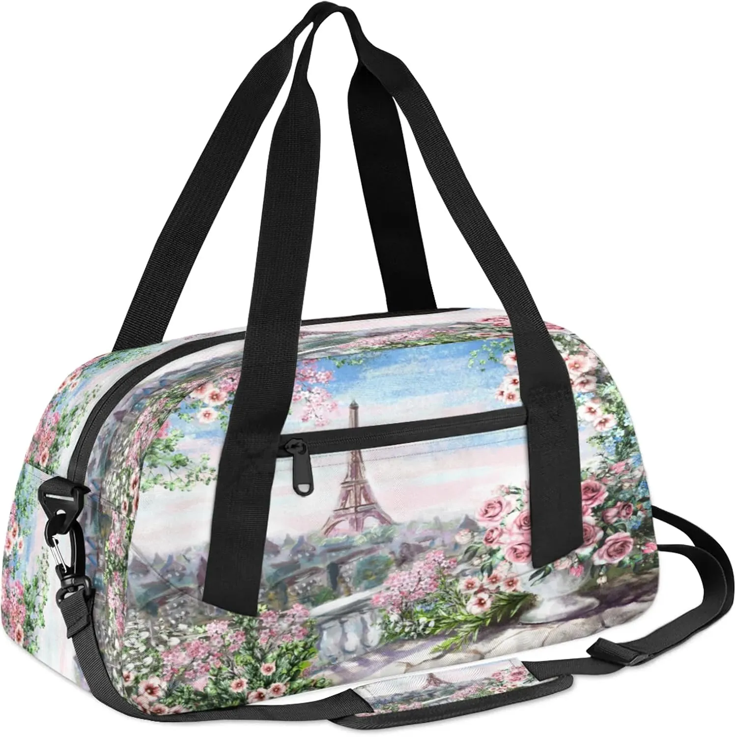 City Eiffel Tower Pattern Kids Duffel Bag Lightweight Waterproof Sports Gym Bag with Front Zipper Pocket Foldable Weekender Overnight Bag for School Practice Gymnastic Ballet