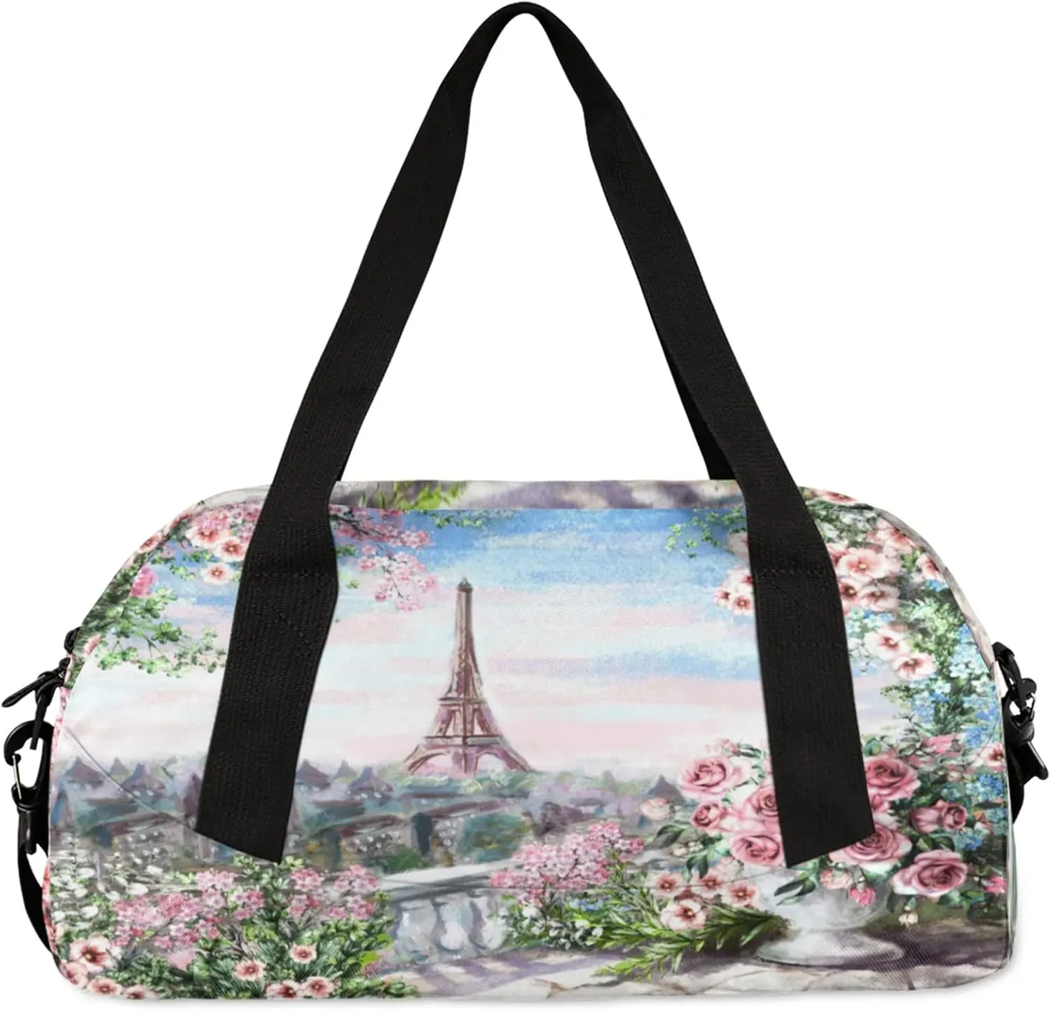 City Eiffel Tower Pattern Kids Duffel Bag Lightweight Waterproof Sports Gym Bag with Front Zipper Pocket Foldable Weekender Overnight Bag for School Practice Gymnastic Ballet