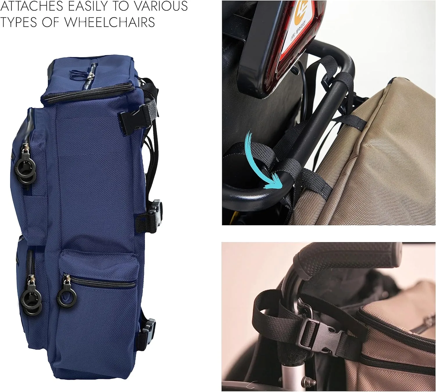 Classic Adaptive Wheelchair Backpack for Back of Chair – 20L EZ-Access Laptop Wheelchair Bag – Mobility Scooter & Electric Wheelchair Accessories, Navy Blue/Aqua