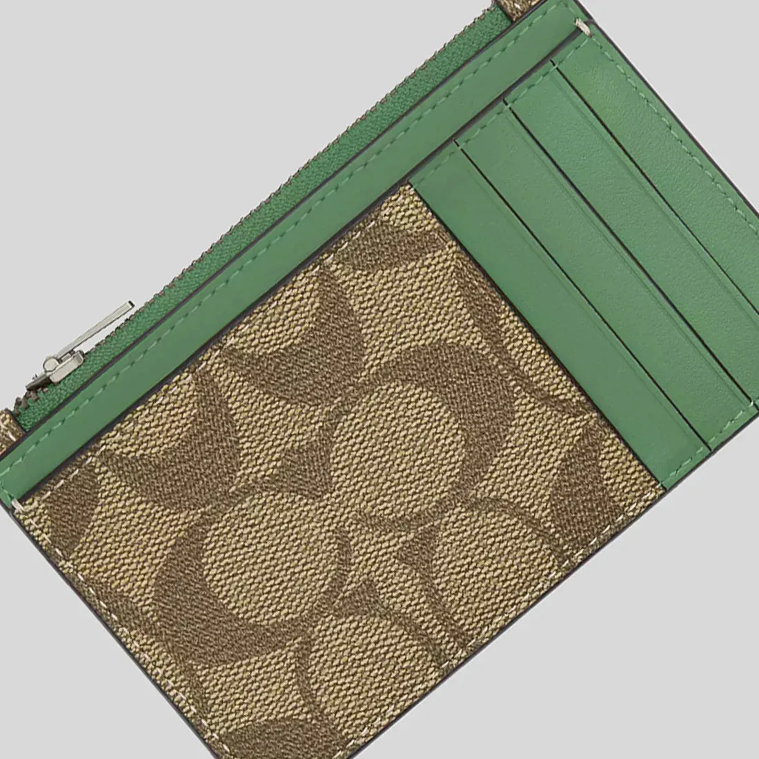 COACH Zip Card Case In Signature Canvas Khaki/Soft Green RS-C4281