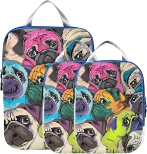 Colorful Pug Dogs Puppies 3 Set Packing Cubes, Travel Packing Organizers for Suitcases, Waterproof Check Oxford Toiletry Compression Luggage Storage Bag