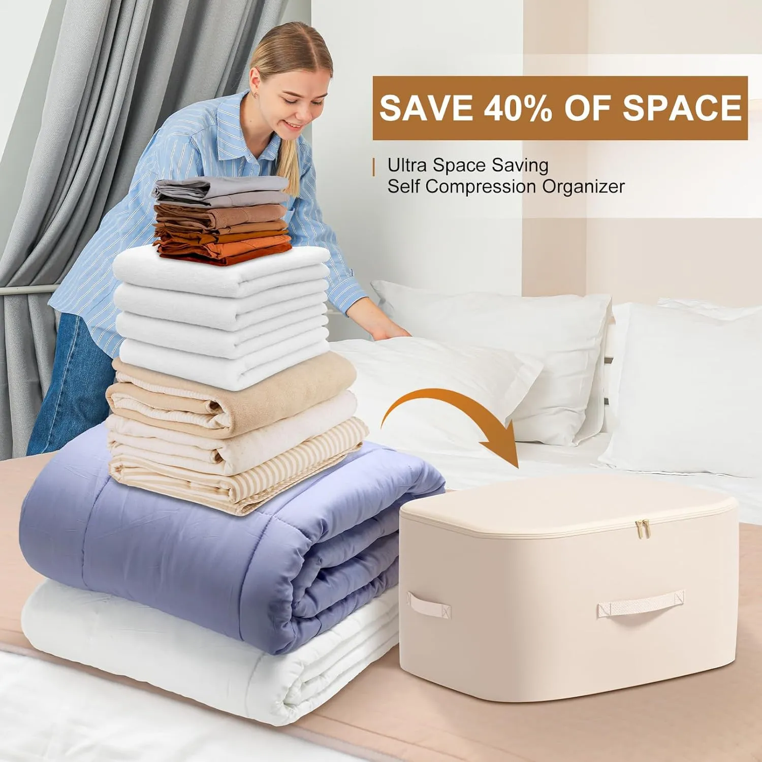 Comforter Storage Bag 2-Pack Ultra Space Saving Self Compression Organizer for Comforters Blankets Clothes Large Capacity Durable (Beige, Thin Version, 21x16.5x23.6in)