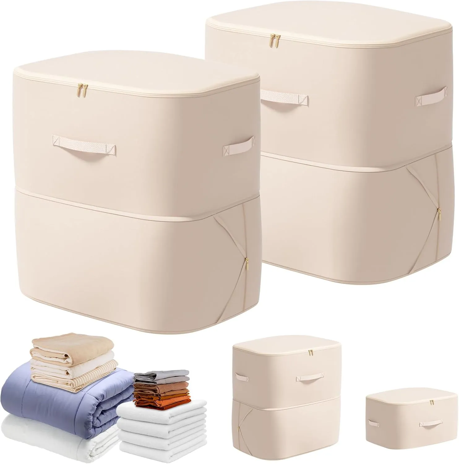 Comforter Storage Bag 2-Pack Ultra Space Saving Self Compression Organizer for Comforters Blankets Clothes Large Capacity Durable (Beige, Thin Version, 21x16.5x23.6in)