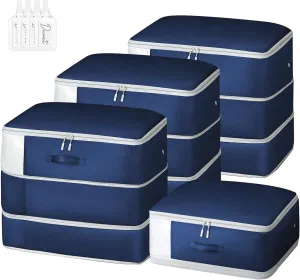 Comforter Storage Bag - Large Capacity Blanket Storage Bags 3-Layer Ultra Space Saving Self Compression Organizer, Washable Compression Bags for Storage Comforter Blanket, 4-Pack, Navy Blue