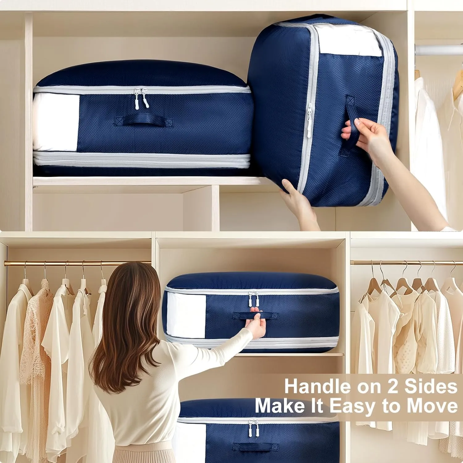 Comforter Storage Bag - Large Capacity Blanket Storage Bags 3-Layer Ultra Space Saving Self Compression Organizer, Washable Compression Bags for Storage Comforter Blanket, 4-Pack, Navy Blue