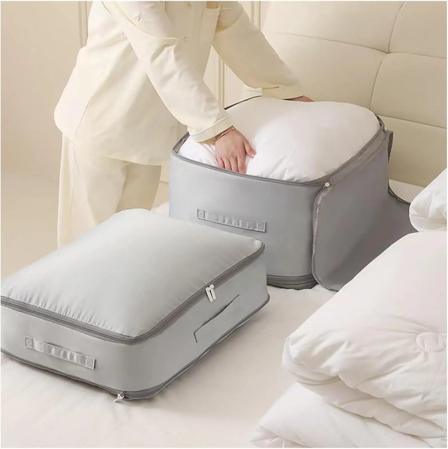 Compression Packing Bag Duvet Storage Bag Folding Large Capacity Expandable Storage Bag(Oat Color,L)