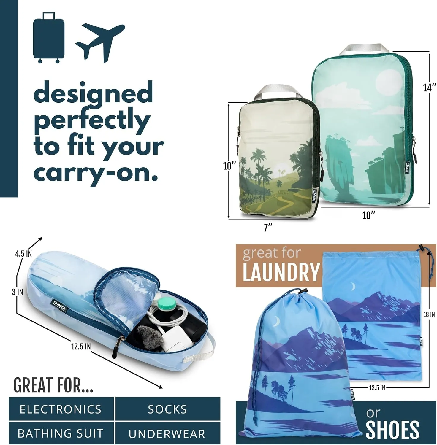 Compression Packing Cubes for Travel - Luggage and Backpack Organizer Packaging Cubes for Clothes by TRIPPED Travel Gear