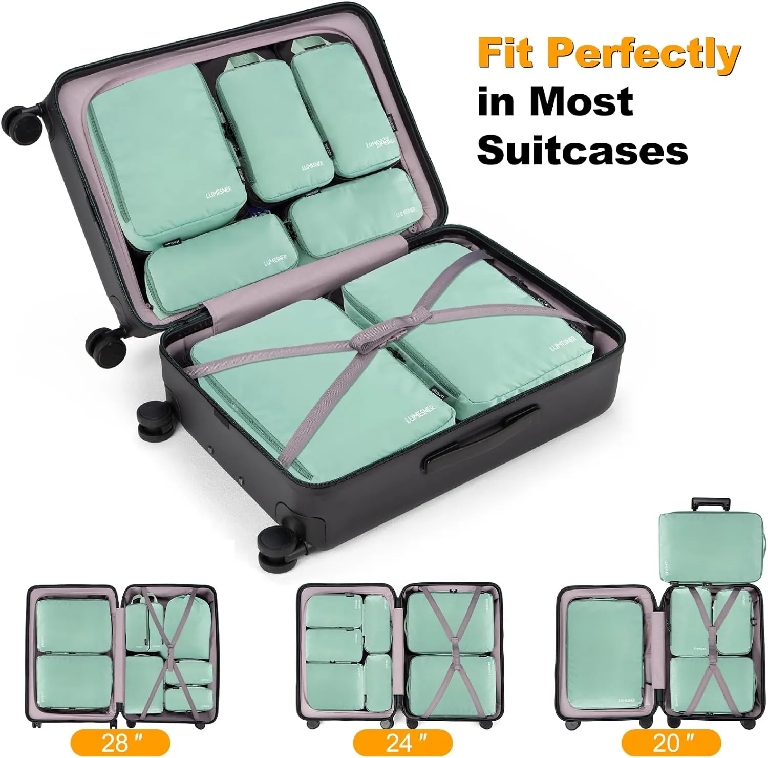 Compression Packing Cubes, Lumesner 8 Set Travel Packing Cubes for Carry on Suitcases, Compression Suitcase Organizers Bag Set & Travel Cubes (8-piece, Green)