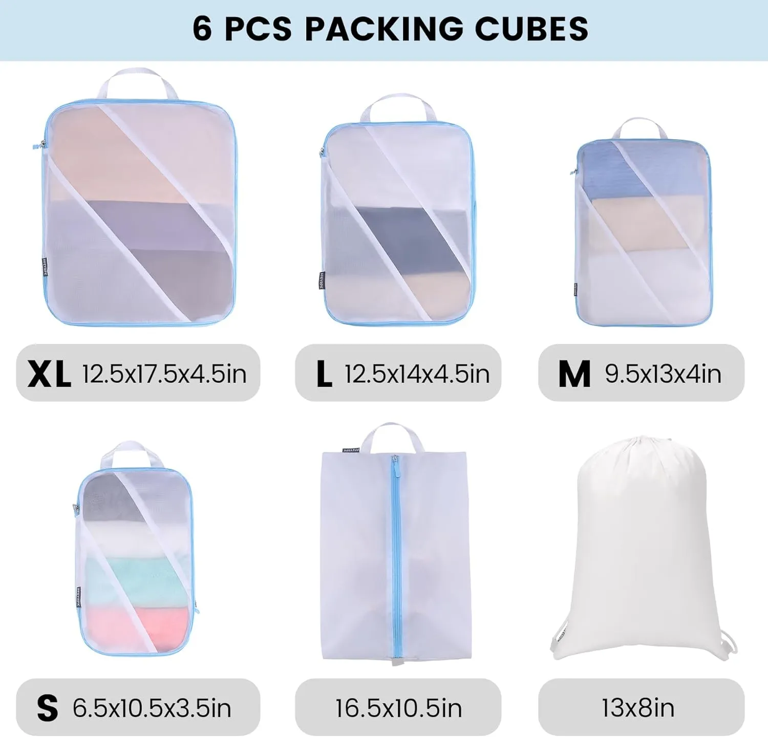 Compression Packing Cubes Set of 6, Travel Luggage Organizer for Suitcase, Packing Organizers for Travel Accessories, Breathable See Through Mesh, Durable Lightweight with Shoe Bags
