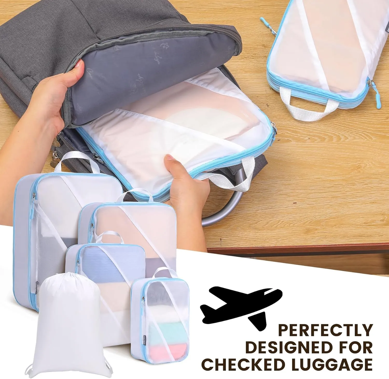 Compression Packing Cubes Set of 6, Travel Luggage Organizer for Suitcase, Packing Organizers for Travel Accessories, Breathable See Through Mesh, Durable Lightweight with Shoe Bags