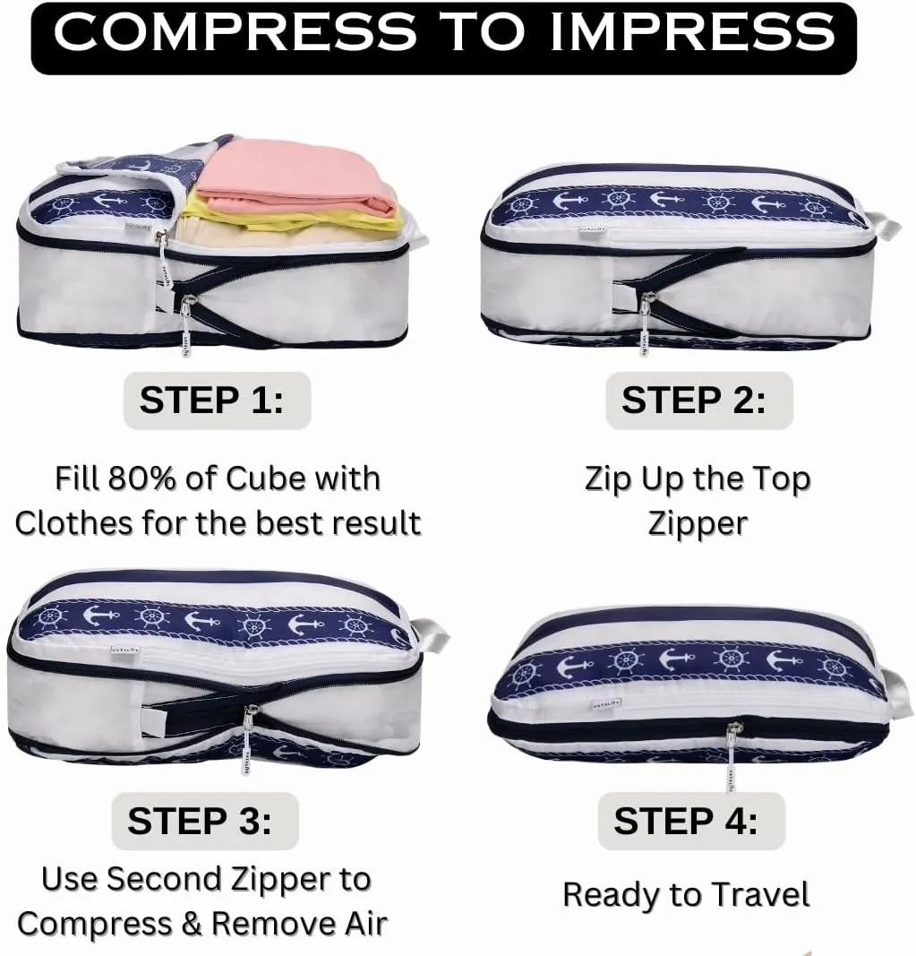 Compression Packing Cubes Travel Essentials - Ultralight Water Resistant Suitcase Organizer & Space Saver Bags for Carry On Luggage with Drawstring Backpack/Laundry Bag, 6pc Set - Navy Anchor