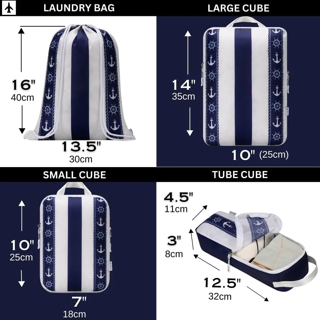 Compression Packing Cubes Travel Essentials - Ultralight Water Resistant Suitcase Organizer & Space Saver Bags for Carry On Luggage with Drawstring Backpack/Laundry Bag, 6pc Set - Navy Anchor