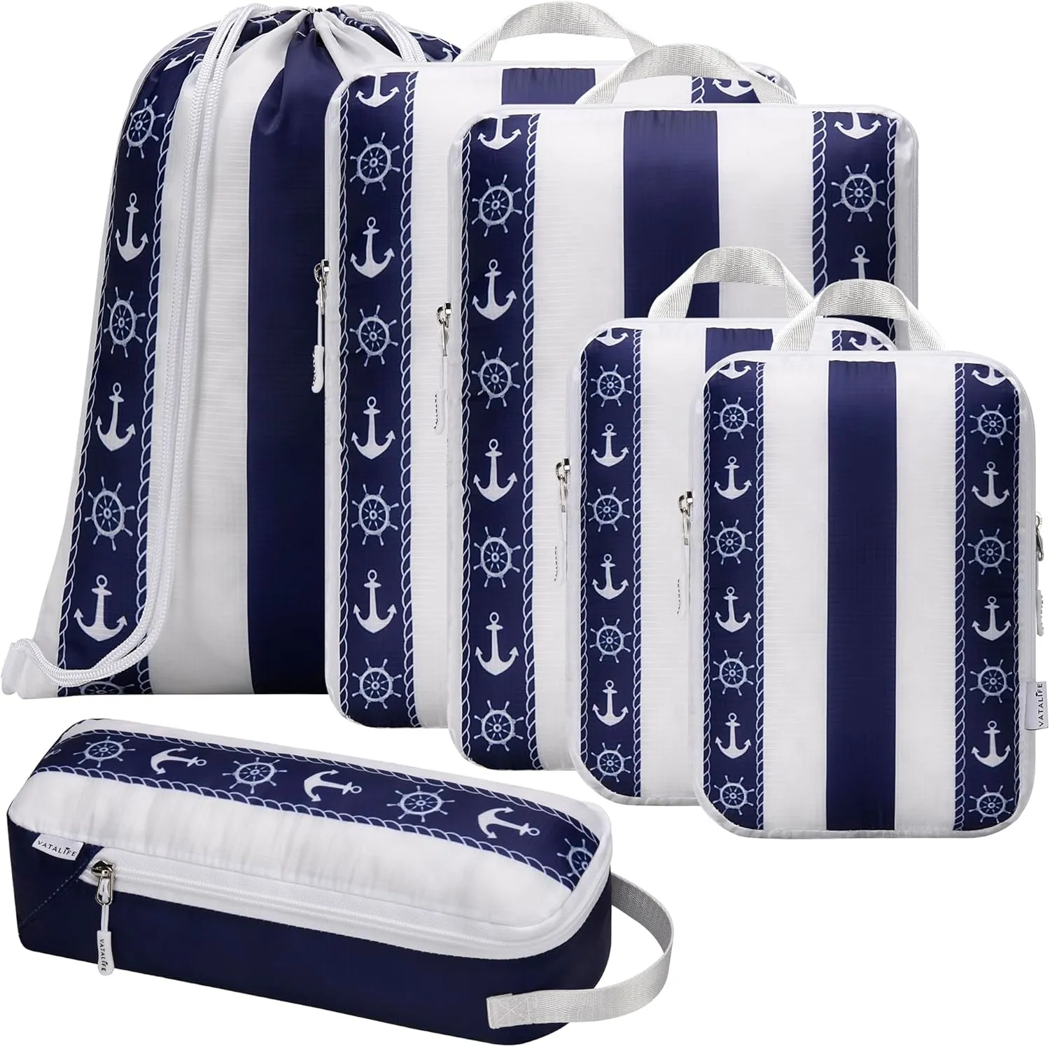 Compression Packing Cubes Travel Essentials - Ultralight Water Resistant Suitcase Organizer & Space Saver Bags for Carry On Luggage with Drawstring Backpack/Laundry Bag, 6pc Set - Navy Anchor