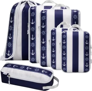 Compression Packing Cubes Travel Essentials - Ultralight Water Resistant Suitcase Organizer & Space Saver Bags for Carry On Luggage with Drawstring Backpack/Laundry Bag, 6pc Set - Navy Anchor