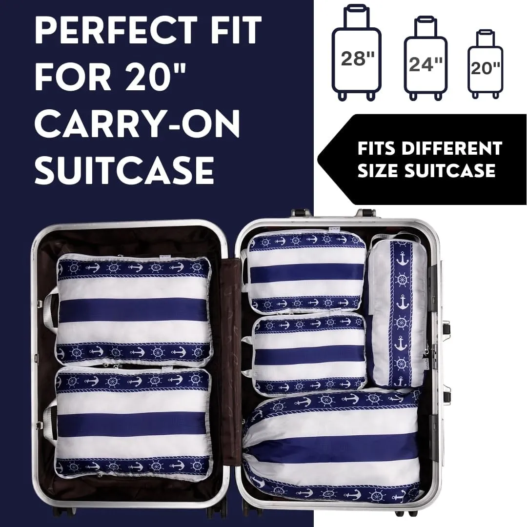 Compression Packing Cubes Travel Essentials - Ultralight Water Resistant Suitcase Organizer & Space Saver Bags for Carry On Luggage with Drawstring Backpack/Laundry Bag, 6pc Set - Navy Anchor