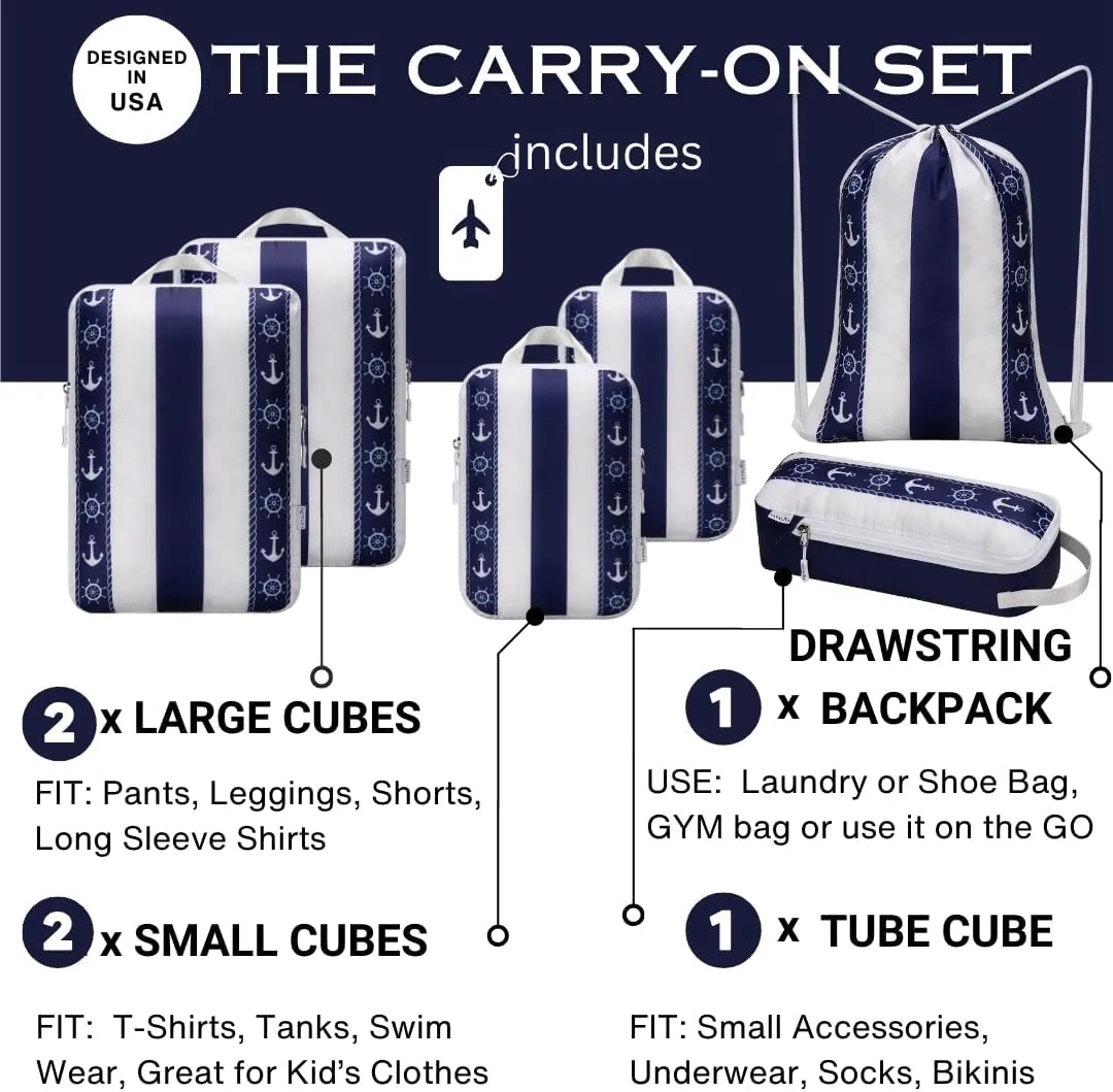 Compression Packing Cubes Travel Essentials - Ultralight Water Resistant Suitcase Organizer & Space Saver Bags for Carry On Luggage with Drawstring Backpack/Laundry Bag, 6pc Set - Navy Anchor