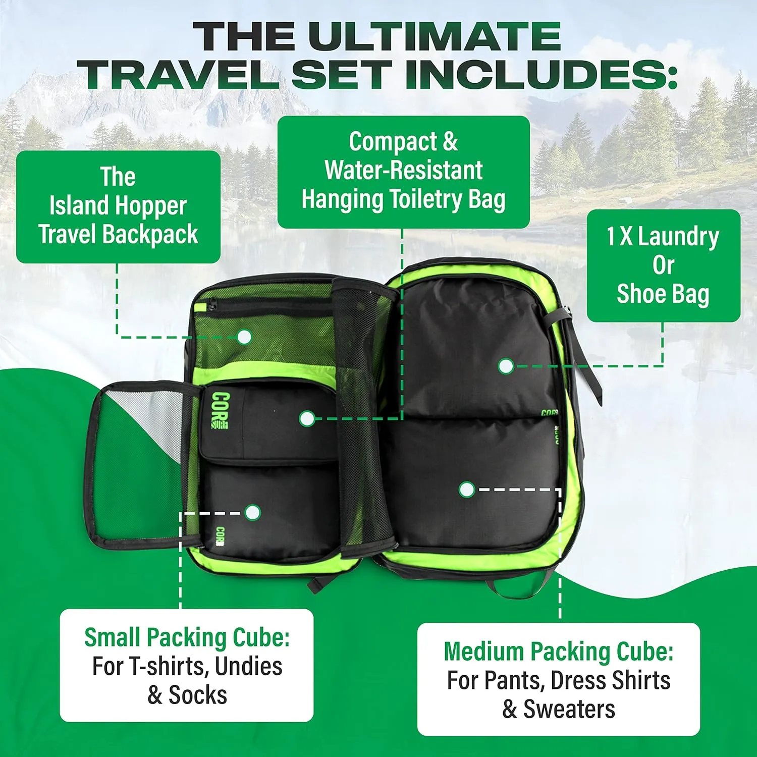 COR Surf Carry On Travel Backpack Bundle | Island Hopper Travel Backpack with Toiletry Bag and Compression Packing Cube Set (40L, Red)