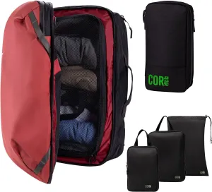 COR Surf Carry On Travel Backpack Bundle | Island Hopper Travel Backpack with Toiletry Bag and Compression Packing Cube Set (40L, Red)