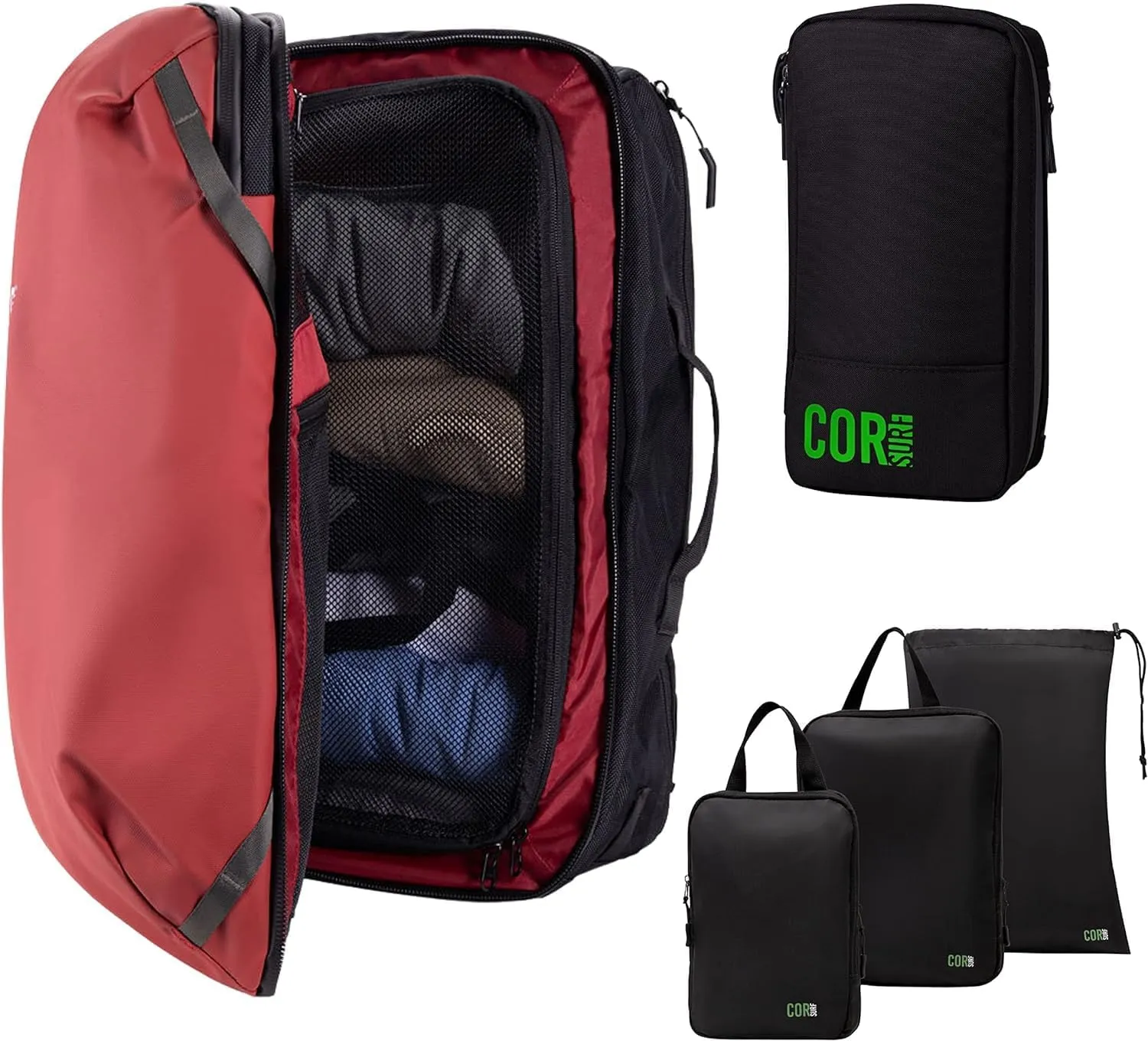 COR Surf Carry On Travel Backpack Bundle | Island Hopper Travel Backpack with Toiletry Bag and Compression Packing Cube Set (40L, Red)