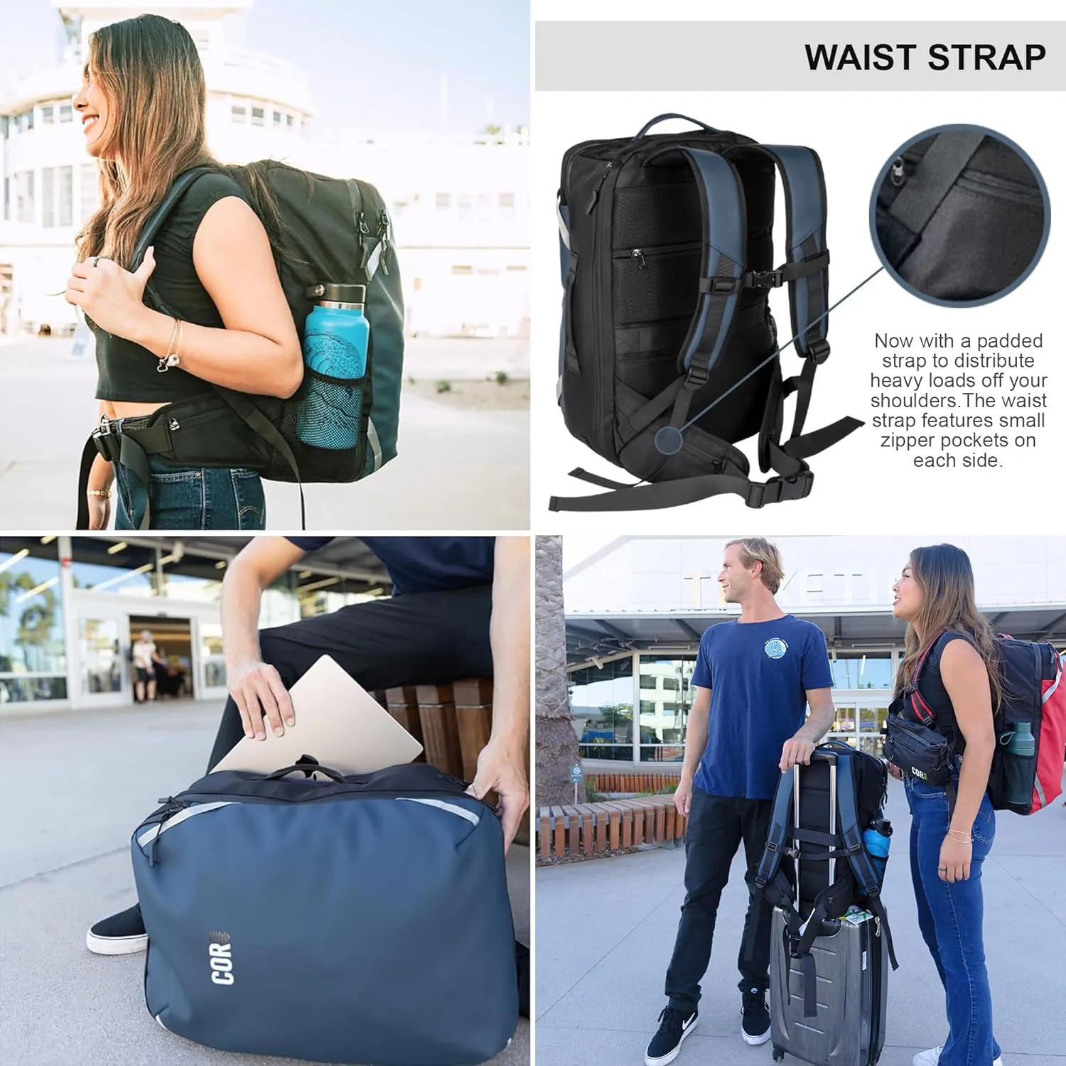 COR Surf Carry On Travel Backpack Bundle | Island Hopper Travel Backpack with Toiletry Bag and Compression Packing Cube Set (40L, Red)