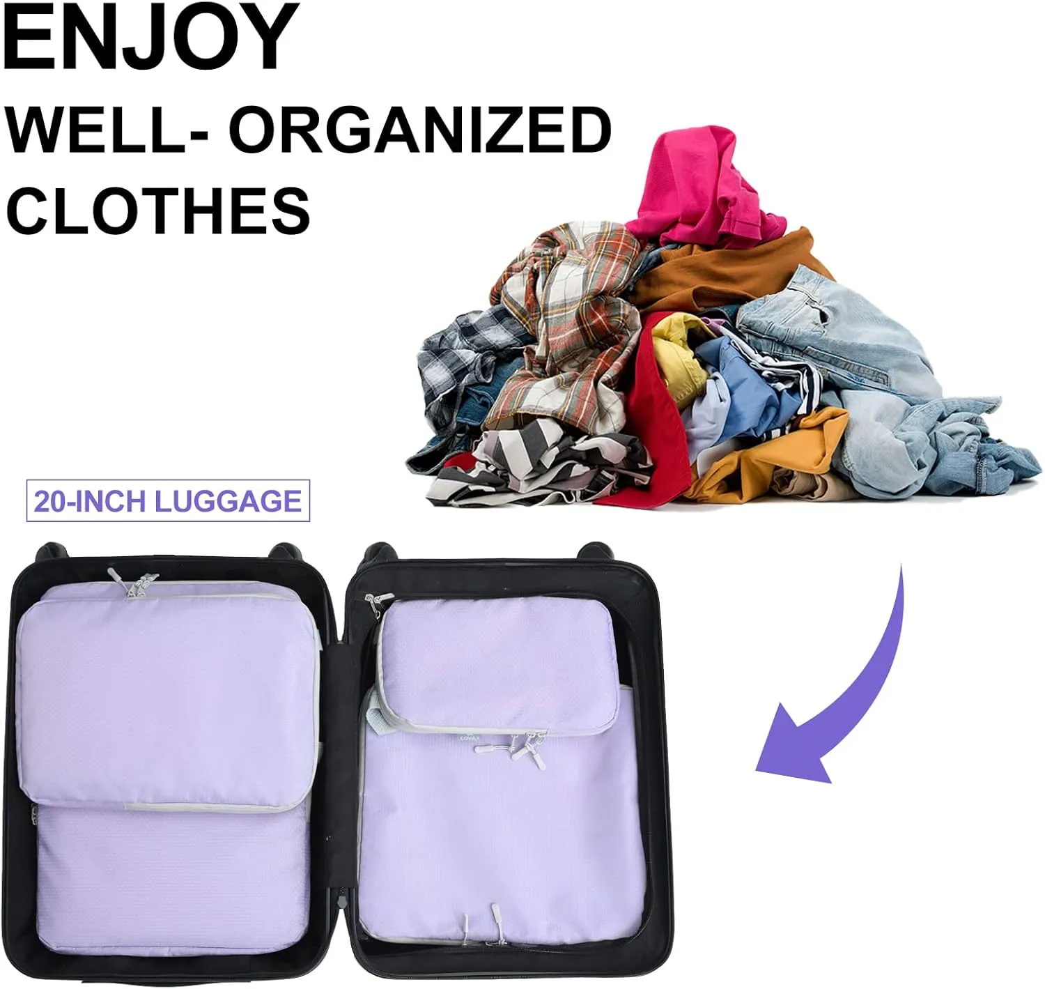 COVAX 4 Set Compression Packing Cubes, Travel Luggage Organizers and Storage Packing Cubes (Purple)