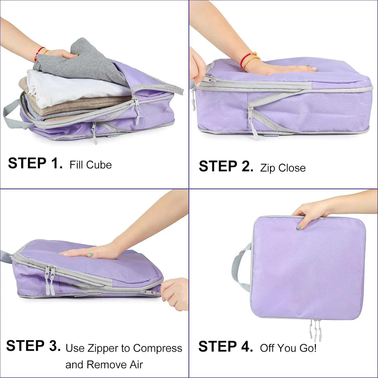 COVAX 4 Set Compression Packing Cubes, Travel Luggage Organizers and Storage Packing Cubes (Purple)