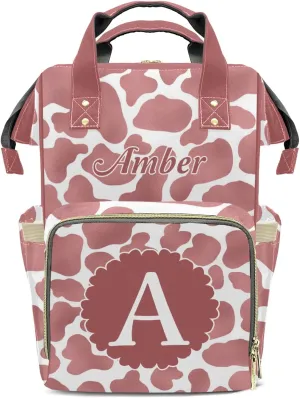 Cow Pattern Pink Personalized Diaper Bags Waterproof Backpack Shoulder Daypack for Mother's Day Gifts