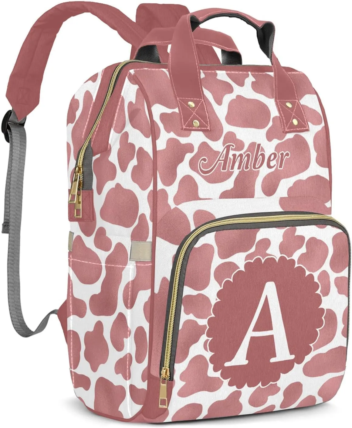 Cow Pattern Pink Personalized Diaper Bags Waterproof Backpack Shoulder Daypack for Mother's Day Gifts