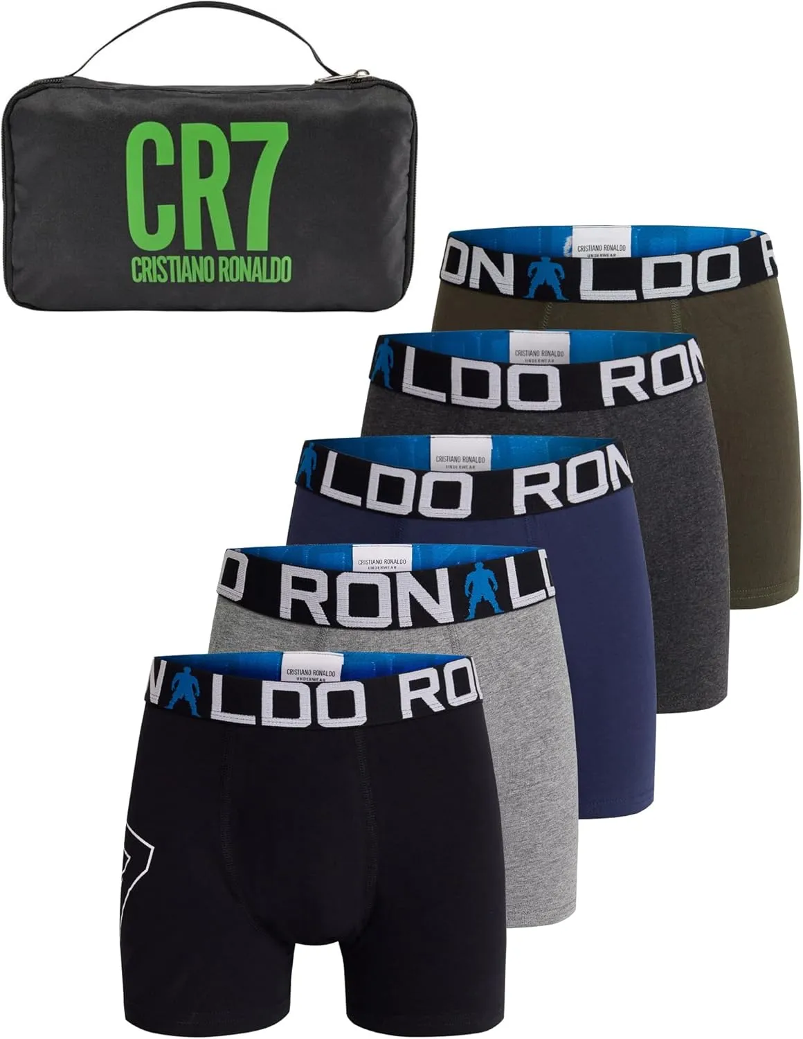 CR7 Boy's Travel Bag, Value 5-Pack size X-Large 13-15 Cotton Blend Trunks Multi