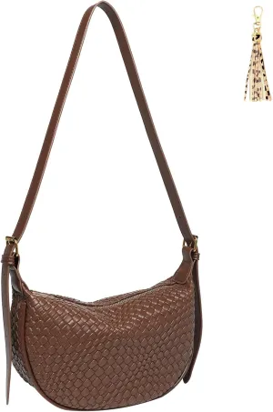 Crescent Crossbody Bags for Women Small Shoulder Bag Woven Hobo Handbag Trendy Vegan Leather Purse with Adjustable Strap