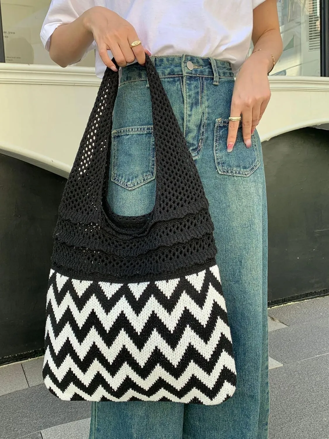 Crochet Tote Bag Women's Summer Aesthetic Mesh Beach Bags Knitting Handbags Cute