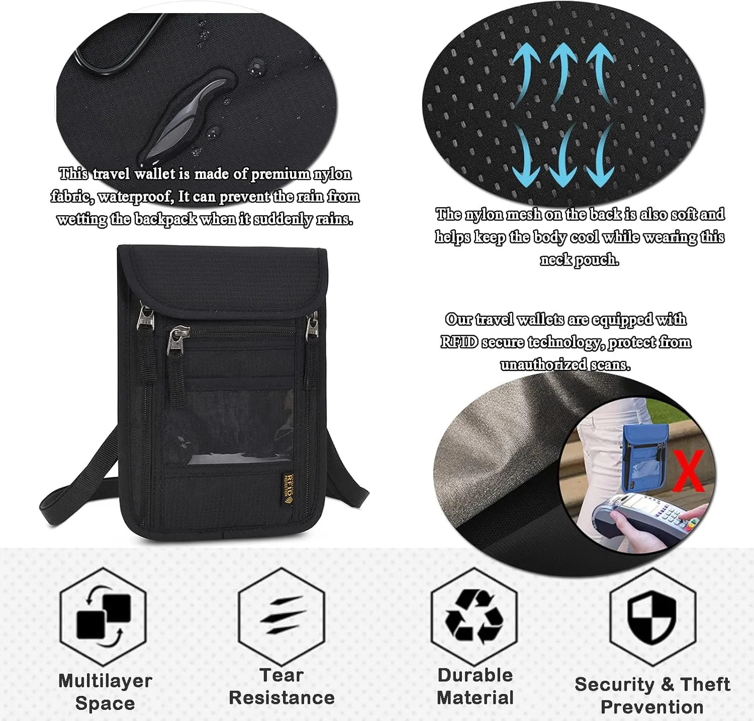 Croogo Travel Neck Pouch RFID Passport Holder with Adjustable Neck Strap Waterproof Neck Wallet for Men Women,Navy Blue-HZB01