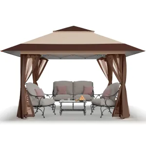 CROWN SHADES 13x13 Pop Up Gazebo, Canopy Tent, Gazebos on Clearance - Outdoor Gazebo for Backyard & Patio Furniture - Carpa Pop Up Tent with Wheeled STO-N-Go Cover Bag (Beige & Coffee)