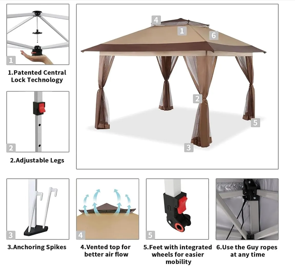 CROWN SHADES 13x13 Pop Up Gazebo, Canopy Tent, Gazebos on Clearance - Outdoor Gazebo for Backyard & Patio Furniture - Carpa Pop Up Tent with Wheeled STO-N-Go Cover Bag (Beige & Coffee)