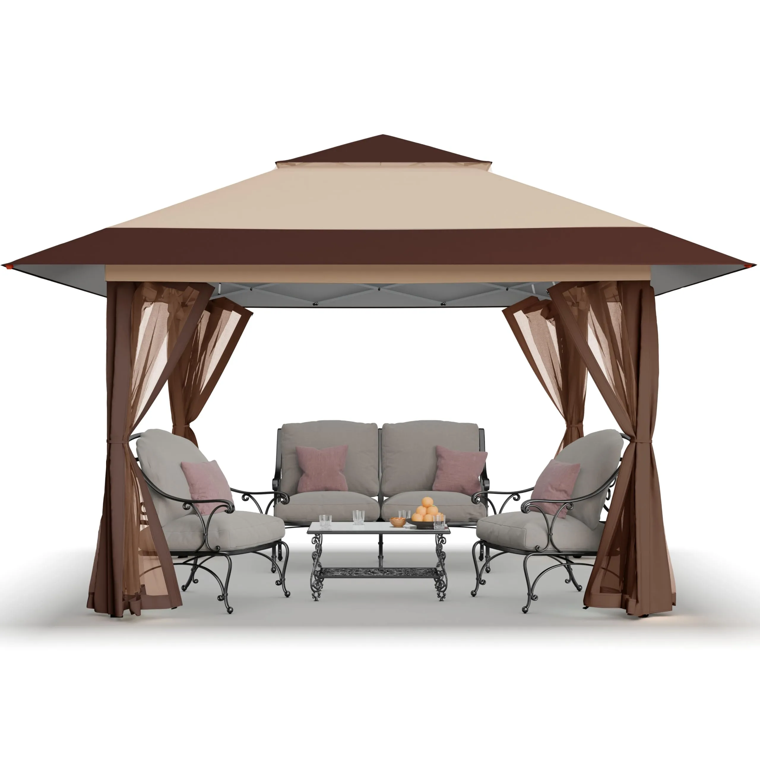 CROWN SHADES 13x13 Pop Up Gazebo, Canopy Tent, Gazebos on Clearance - Outdoor Gazebo for Backyard & Patio Furniture - Carpa Pop Up Tent with Wheeled STO-N-Go Cover Bag (Beige & Coffee)