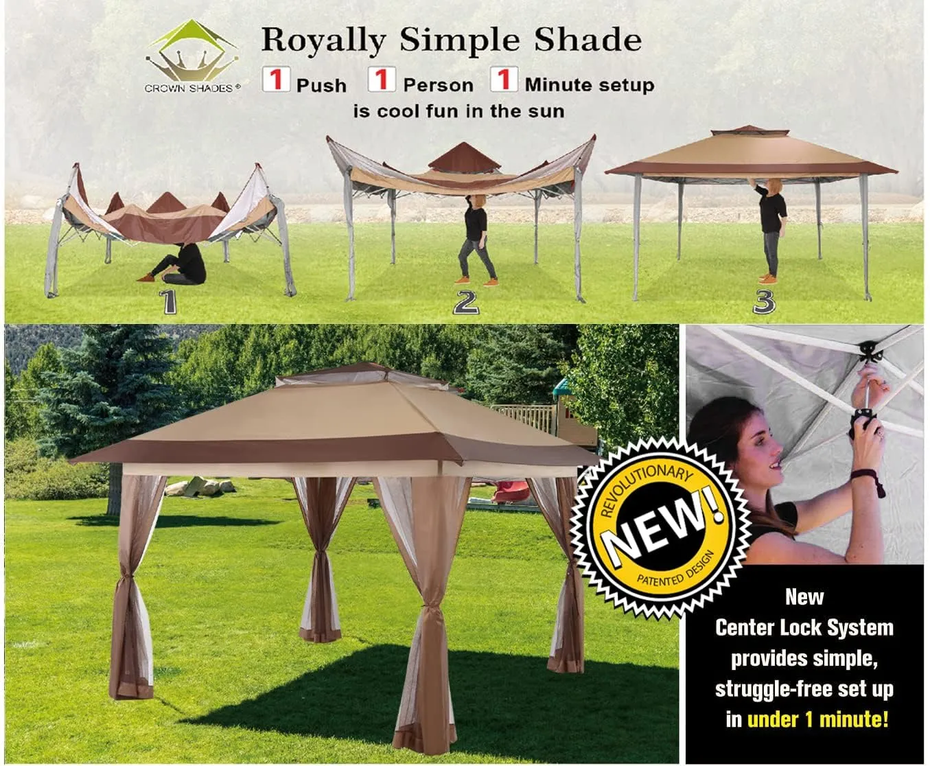 CROWN SHADES 13x13 Pop Up Gazebo, Canopy Tent, Gazebos on Clearance - Outdoor Gazebo for Backyard & Patio Furniture - Carpa Pop Up Tent with Wheeled STO-N-Go Cover Bag (Beige & Coffee)