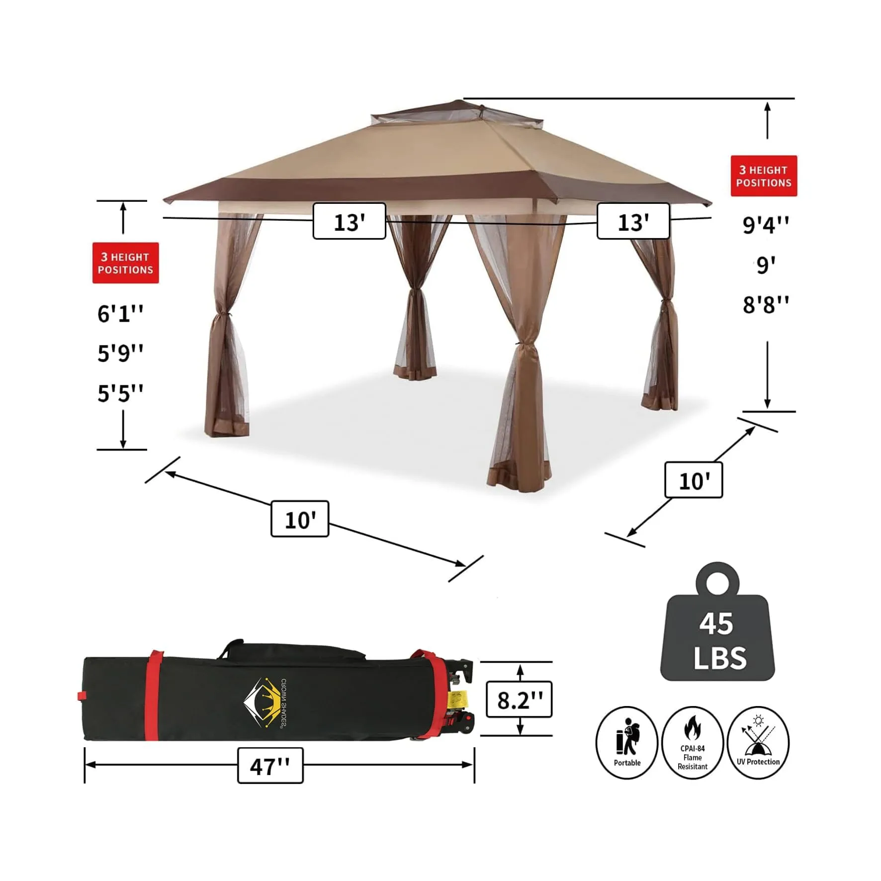 CROWN SHADES 13x13 Pop Up Gazebo, Canopy Tent, Gazebos on Clearance - Outdoor Gazebo for Backyard & Patio Furniture - Carpa Pop Up Tent with Wheeled STO-N-Go Cover Bag (Beige & Coffee)