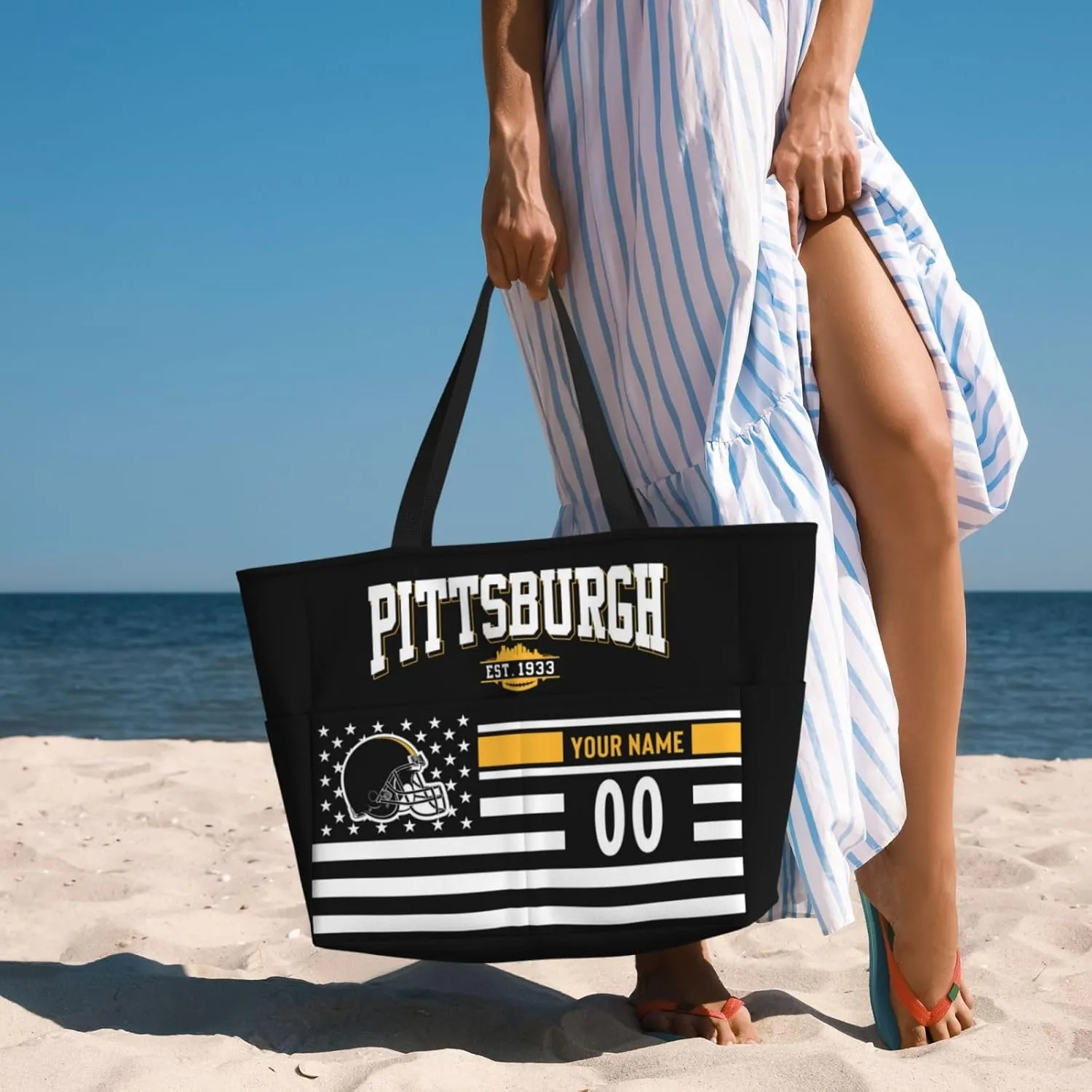 Custom Beach Bag Custom Football Style Large Beach Tote Bag Personalized Add Your Name and Number Shoulder Bag
