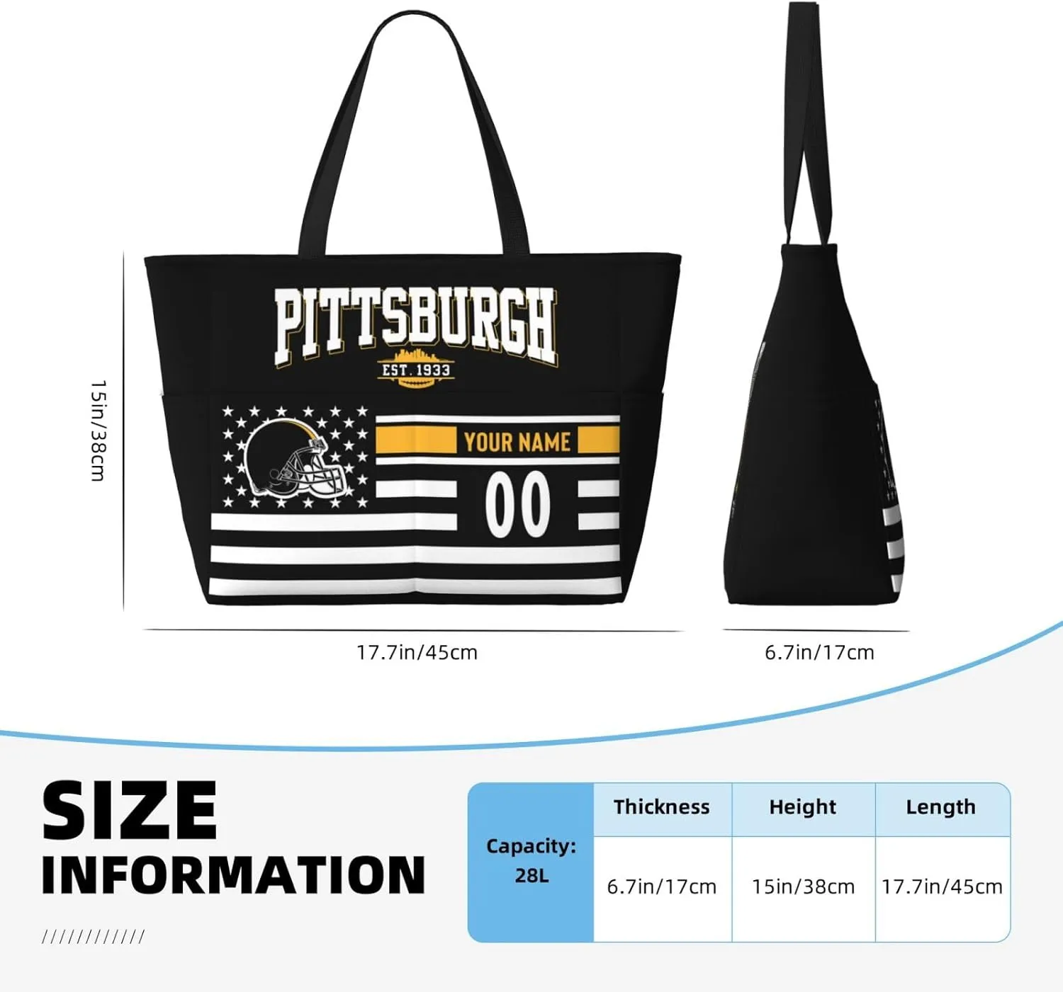 Custom Beach Bag Custom Football Style Large Beach Tote Bag Personalized Add Your Name and Number Shoulder Bag